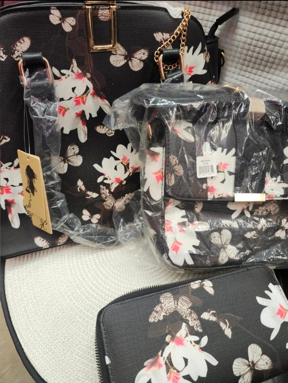 Black Floral Butterfly Tote Crossbody Wallet Set
